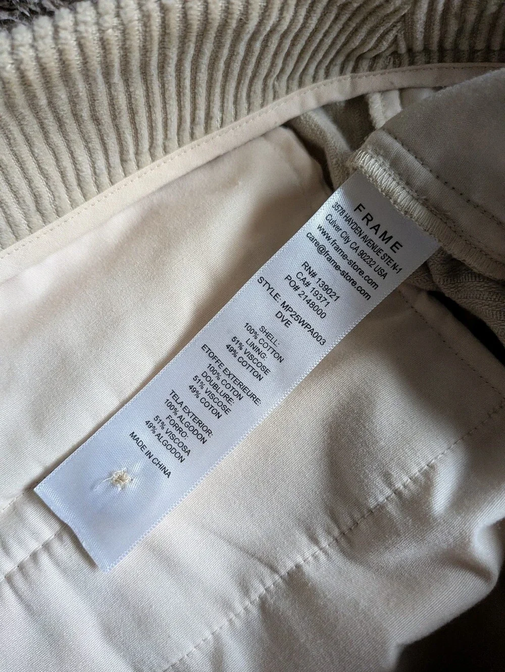 Frame Tan Neutral Straight Leg Cotton Corduroy Trousers 31W 28L
